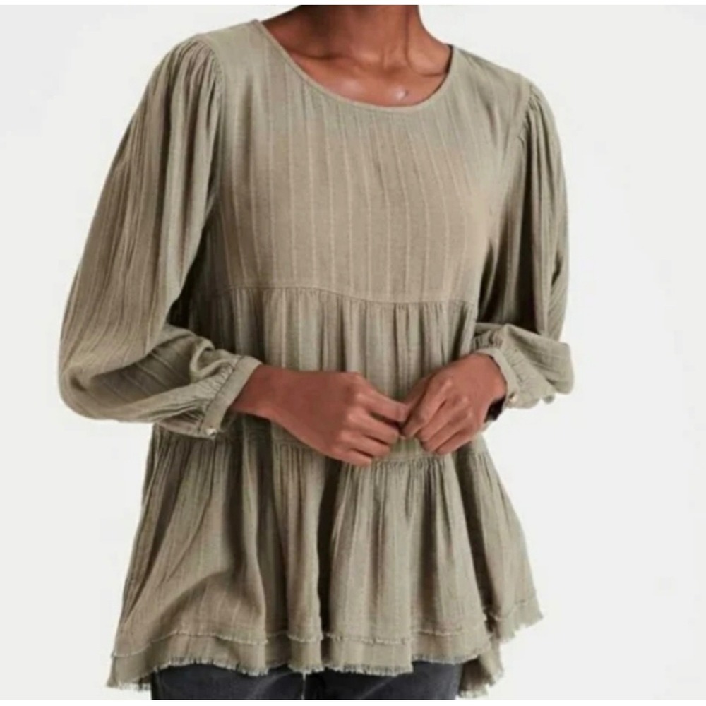 American Eagle Tiered Flouncy Puffy Sleeve Open Back Olive Green shirt L
